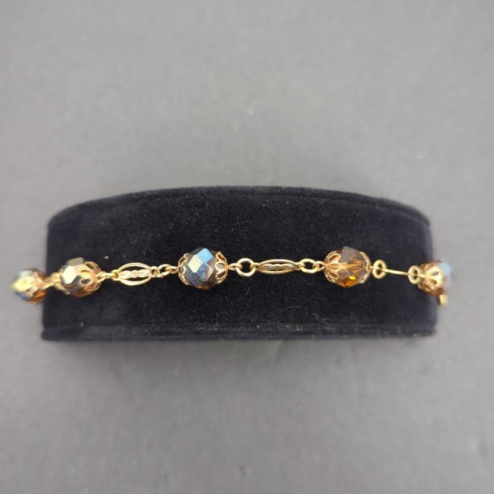 Vintage Fashion BRACELET 8" beaded opalescent amber faceted filigree caps